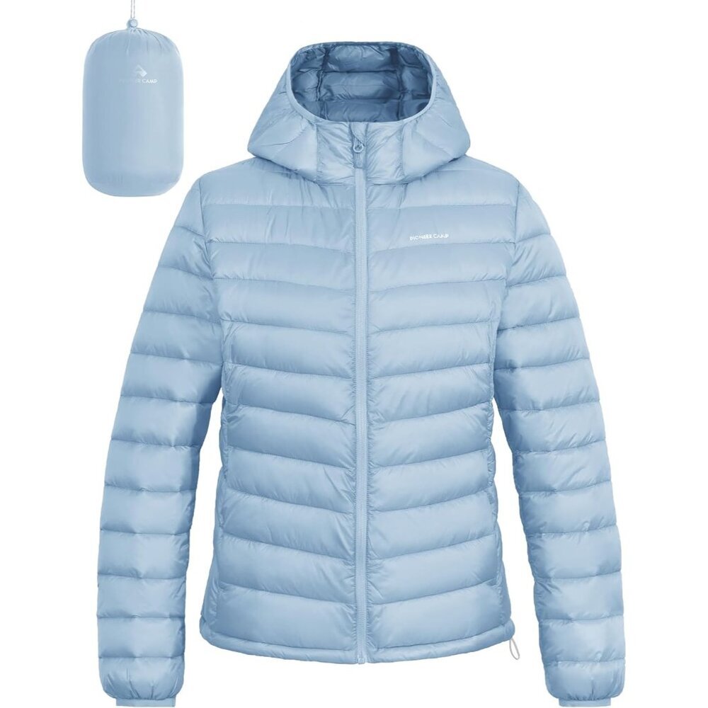 Women's Ice Blue Puffer Jacket Winter Repellent Quilted Coat With Hood